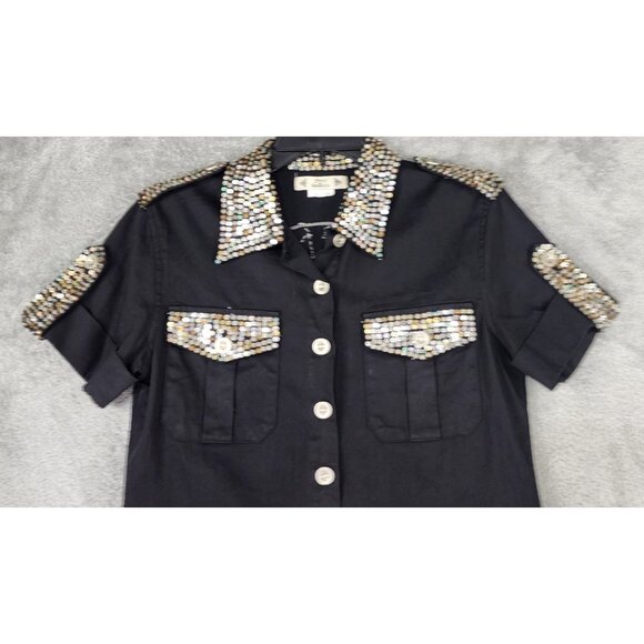 Free For Humanity Shirt Womens Small Black Sequined Button Up Short Sleeve Retro - Picture 6 of 9